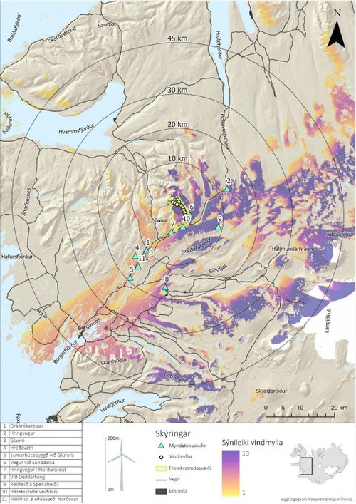 Frumathugun á fræðilegum sýnileika vindmyllanna í 45 km fjarlægð m.t.t. bráðabirgðastaðsetningar vindmylla innan framkvæmdasvæðis vindorkuversins Múla. Gert er ráð fyrir að hámarkshæð spaðaenda í efstu stöðu sé 200 metrar fyrir ofan jörðu.
