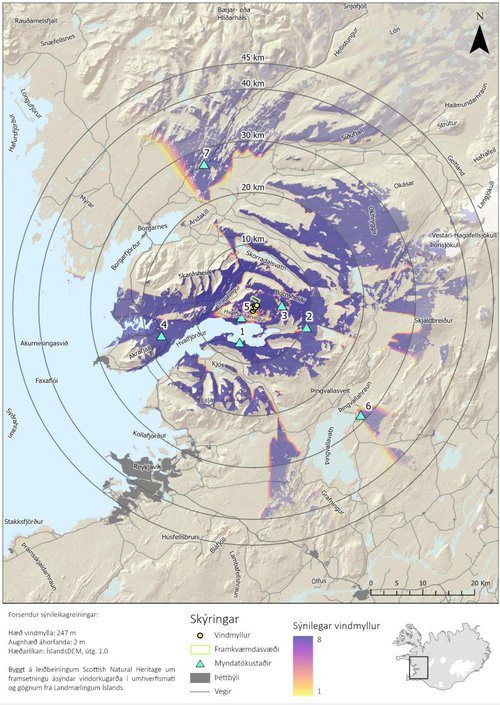 Sýnileiki vindorkuversins á Brekkukambi. Fjólublái liturinn er á þeim svæðum sem vindmyllurnar myndu sjást. Mynd: Úr matsáætlun