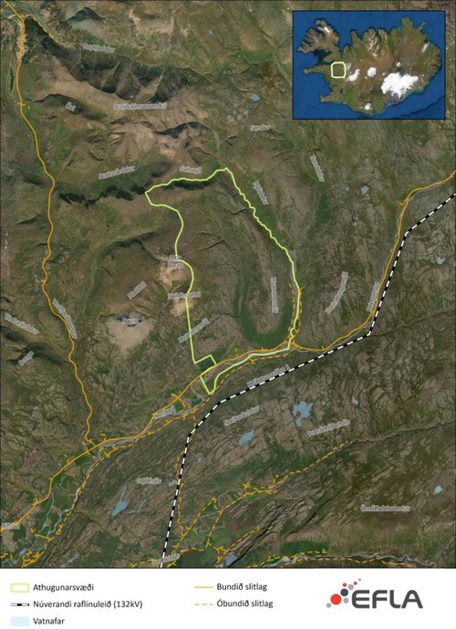 Vindorkuverið Múli. Staðsetning fyrirhugaðs framkvæmdasvæðis. Uppröðun og staðsetning vindmylla hefur ekki verið ákveðin.