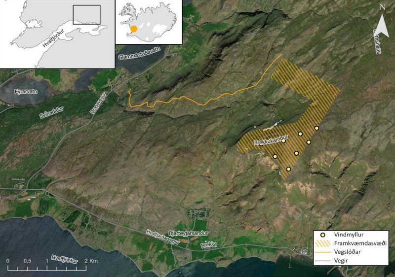 Zephyr vill reisa vindorkuver í landi Brekku í Hvalfjarðarsveit. Mynd: Úr matsáætlun