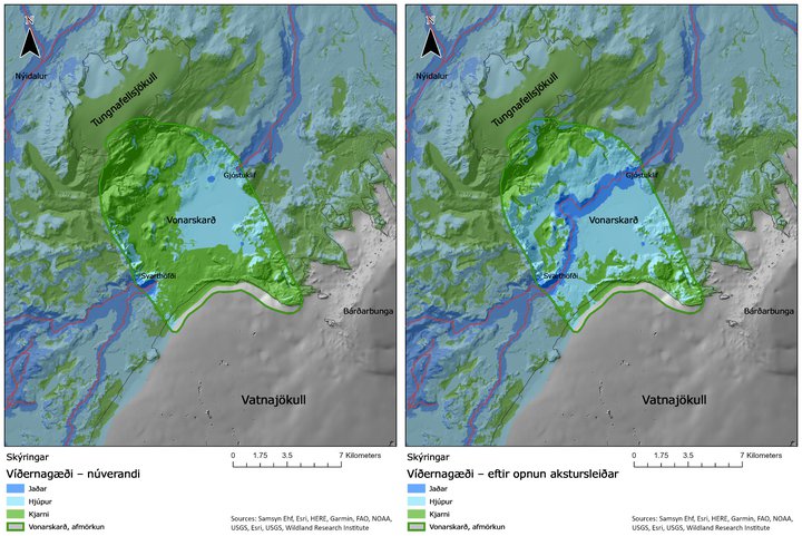 Myndin sýnir víðernagreiningu Vonarskarðs í dag borið saman við víðernagreiningu ef akstur yrði leyfður í gegnum svæðið. Græn þekja táknar ósnortnasta kjarna víðernanna, það landsvæði sem hefur mesta verndargildið og er lengst frá mannvirkjum og vegum.