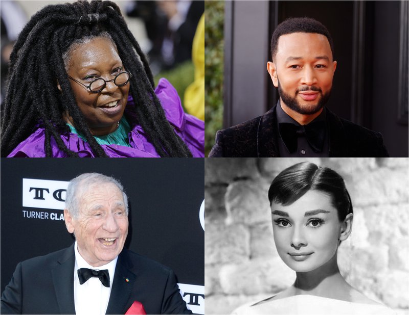Þau Whoppi Goldberg, John Legend, Mel Brooks og Audrey Hepburn eiga það sameiginlegt að hafa öll unnið EGOT-verðlaunin. Mynd: EPA og Wikimedia Commons.
