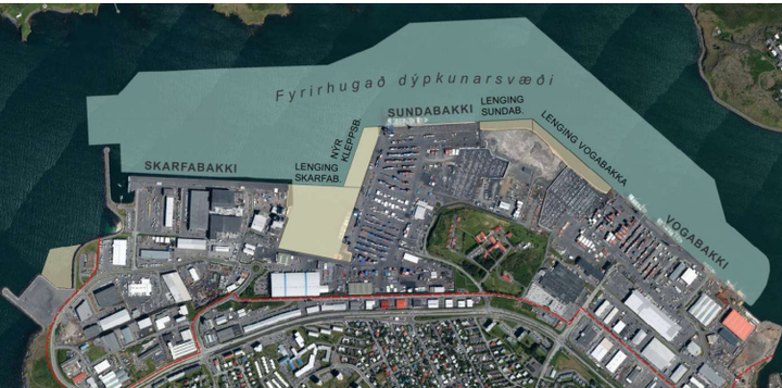 Yfirlitsmynd af öllum fyrirhuguðum landfyllingum og dýpkunarsvæði.