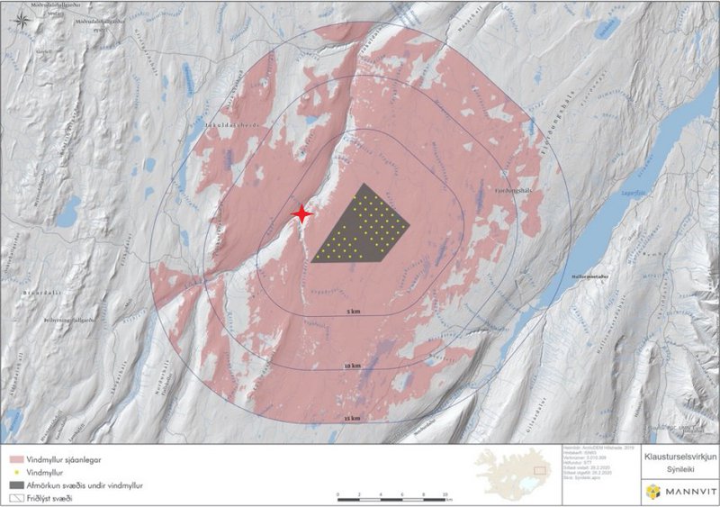 Í skýrslu Zephyr er birt mynd sem sögð er gefa vísbendingu um sýnileika vindmyllanna. Á myndina bætti Kjarninn við staðsetningu Stuðlagils með rauðri stjörnu..