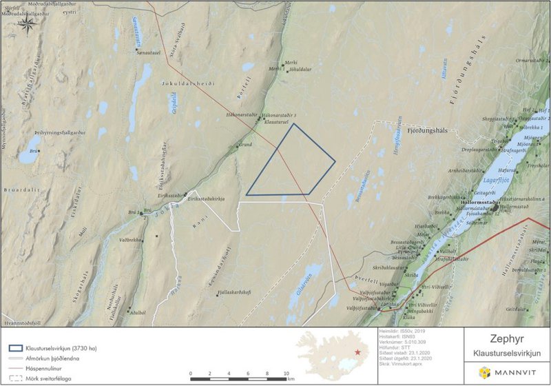 Kortið sýnir staðsetningu fyrirhugaðrar Klausturselsvirkjunar á Fljótsdalsheiði. Mynd: Mannvit
