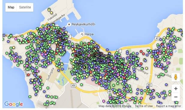 Mynd af vef Airbnb, sem birtist í grein um stöðu mála á Íslandi, á dögunum. Hún sýnir hversu gríðarlega margar íbúðir eru í útleigu fyrir ferðamenn.
