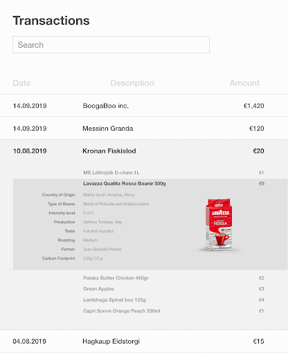 Dæmi um upplýsingar sem neytendur gætu nálgast í færslusögu sinni.