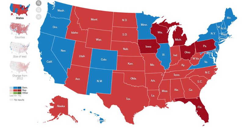 Svona fóru kosningarnar 2016, blátt fyrir Demókrataríki og rautt fyrir Repúblikana.