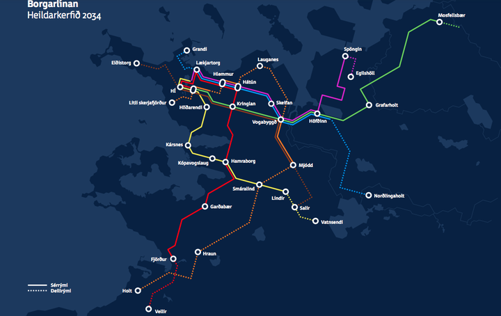 Borgarlínukerfið eins og ráðgert er að það verði orðið árið 2034. Í þessu félagshagfræðilega mati er þó einungis fyrsta lota Borgarlínu undir.