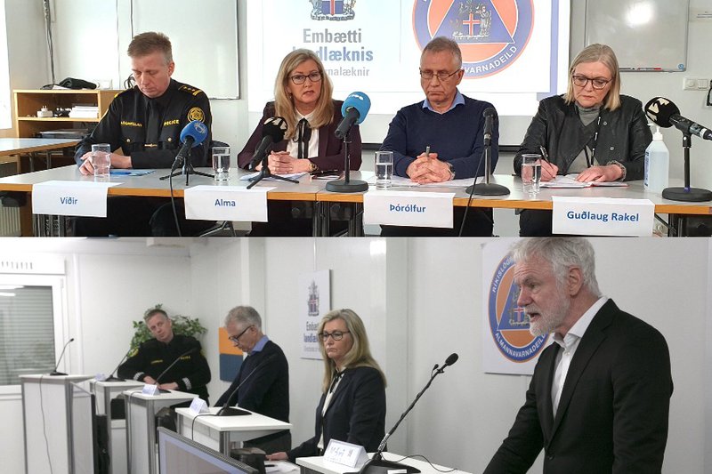 Bilið milli þríeykisins og gesta upplýsingafunda almannavarna breikkaði eftir því sem fundunum fjölgaði. Mynd: Almannavarnir/samsett