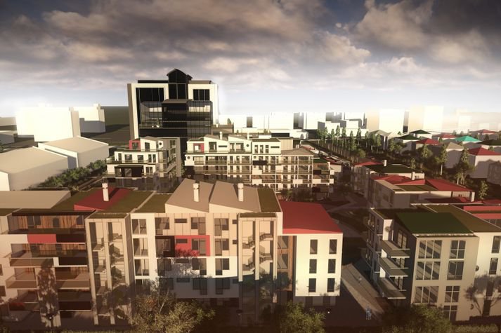 Vert er að taka fram að þessi mynd, sem fylgdi deiliskipulagstillögum, sýnir ekki endanlegt útlit húsanna. Mynd: Atelier/Af vef Reykjavíkurborgar
