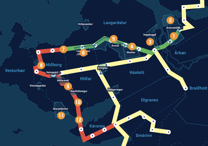 Á myndinni sjást fyrirhugaðir fyrstu tveir áfangar Borgarlínu.  Rauð leið Hamraborg – Hlemmur og Græn leið Ártún – Hlemmur.