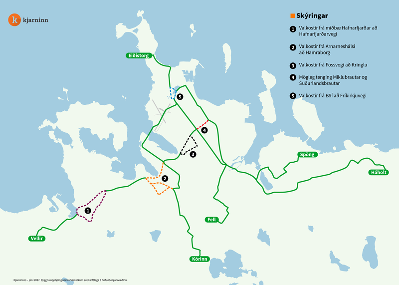 Borgarlínan mun liggja eftir þessum ásum á höfuðborgarsvæðinu.