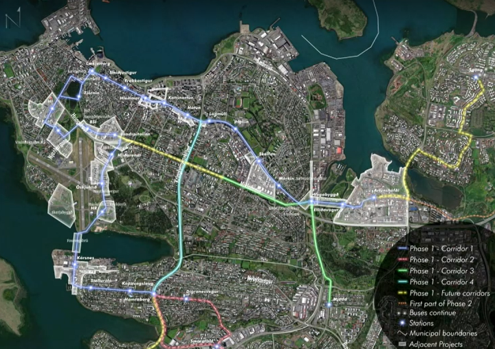 Þessi mynd sýnir mismunandi áfanga Borgarlínu og þau þróunarsvæði í Reykjavík og Kópavogi sem eru undir í framkvæmdum á næstu árum.