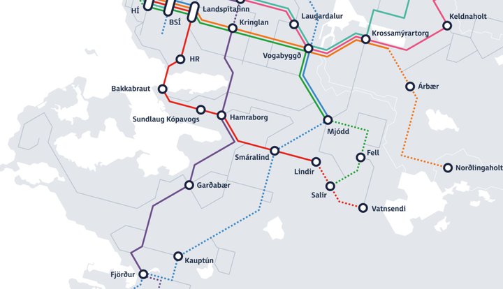 Borgarlínuleiðin sem pólitíkin í Hafnarfirði og Garðabæ vill kanna hvort hægt sé að flýta undirbúningi á er sú sem hér sést í fjólubláum lit, á milli Fjarðar og Miklubrautar.
