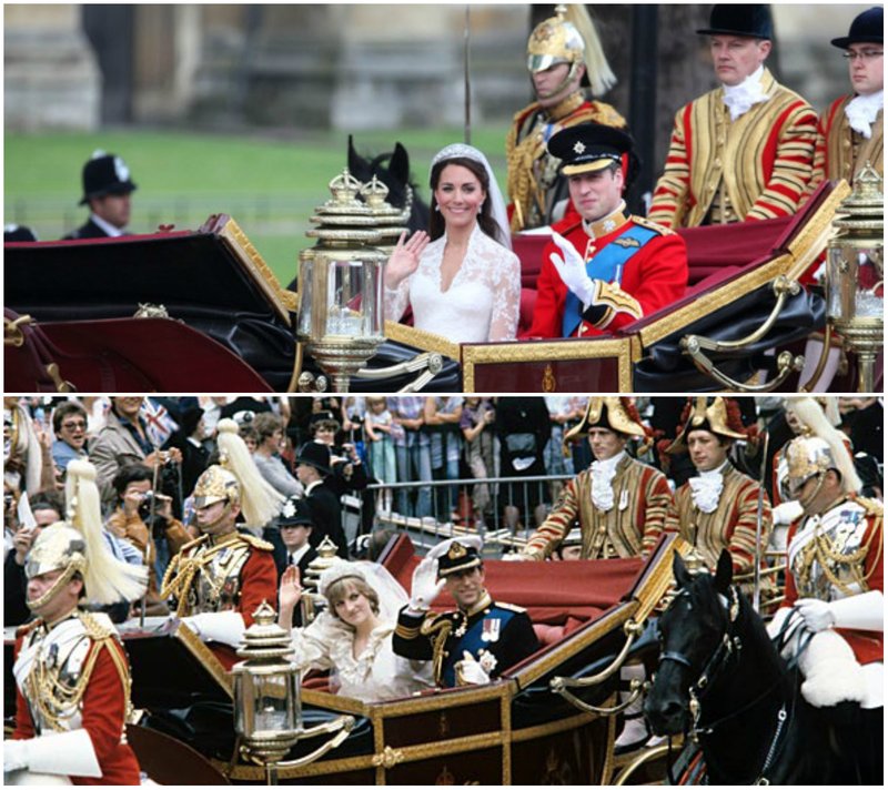 Bæði Vilhjálmur og Katrín sem og foreldrar prinsanna, Díana og Karl, keyrðu um Windson í hestvagni eftir giftingar sínar.