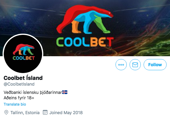 Veðmálavefsíðan Coolbet er með höfuðstöðvar í Eistlandi, en stundar mikið markaðsstarf á íslensku og er með þúsundir íslenskra notenda. Mynd: Skjáskot af Twitter-reikningi fyrirtækisins.