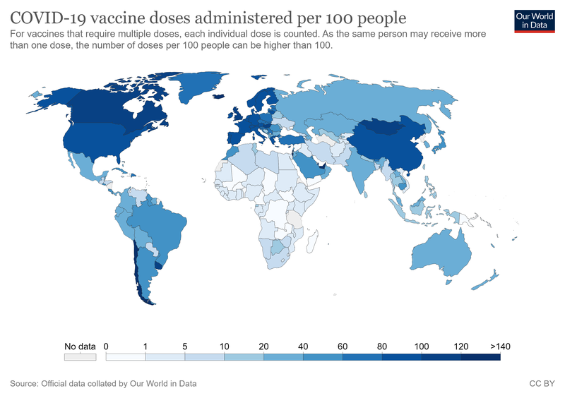 Þróun bólusetninga á heimsvísu. Því dekkri sem löndin eru, þeim mun bólusettari eru íbúar þeirra. Mynd: Our World in data