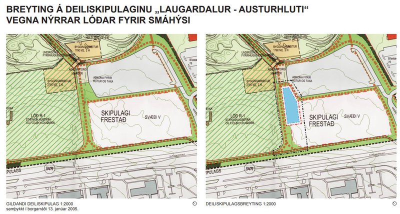 Deiliskipulagstillagan gerir ráð fyrir því að lítill hluti lóðarinnar (blái reiturinn) nýtist undir smáhýsin.