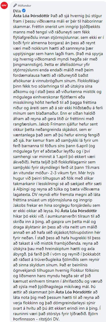 Skjáskot af svari ritstjórans við ummælum Ástu Lóu um málið.