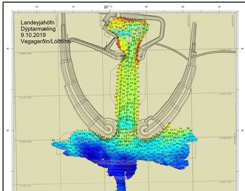 Yfirlit yfir dýpkun í Landeyjahöfn árið 2019 en þá um haustið voru fjarlægðir um 100 þúsund rúmmetrar af efni. Björgun, sem er dótturfélag Heidelberg Materials líkt og Hornsteinn, sér um dýpkun Landeyjahafnar samkvæmt samningi við Vegagerðina. Mynd: Vegagerðin