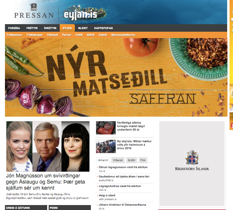 Í hægra horni myndarinnar má sjá auglýsingu frá ríkisstjórn Íslands á Eyjan.is sem birtist fyrr í þessum mánuði.
