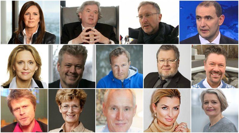 Frá vinstri: Bryndís Hlöðversdóttir, Davíð Oddsson, Eiríkur Björn Björgvinsson, Guðni Th. Jóhannesson, Þorgerður Katrín Gunnarsdóttir, Stefán Jón Hafstein, Andri Snær Magnason, Össur Skarphéðinsson, Bergþór Pálsson, Davíð Þór Jónsson, Sigrún Stefánsdóttir, Ólafur Jóhann Ólafsson, Linda Pétursdóttir og Guðrún Nordal. 