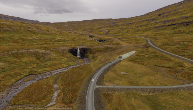 Munni Fjarðarheiðarganga Seyðisfjarðarmegin yrði samkvæmt aðalvalkosti Vegagerðinnar í mikilli nálægð við Gufufoss. Mynd: Úr umhverfismatsskýrslu