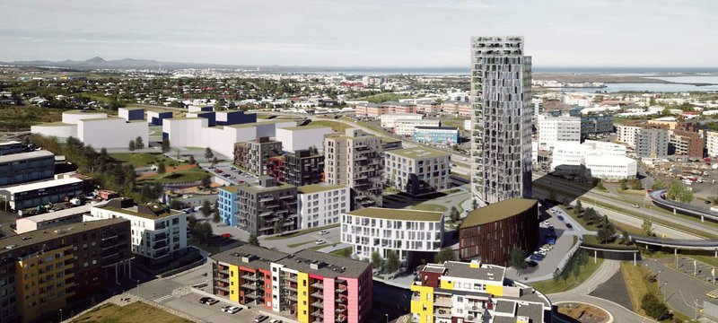 Hugmynd um það hvernig turninn gæti litið út í borgarlandslaginu, sé úr norðaustri. Mynd: Úr deiliskipulagskynningu Kópavogsbæjar.