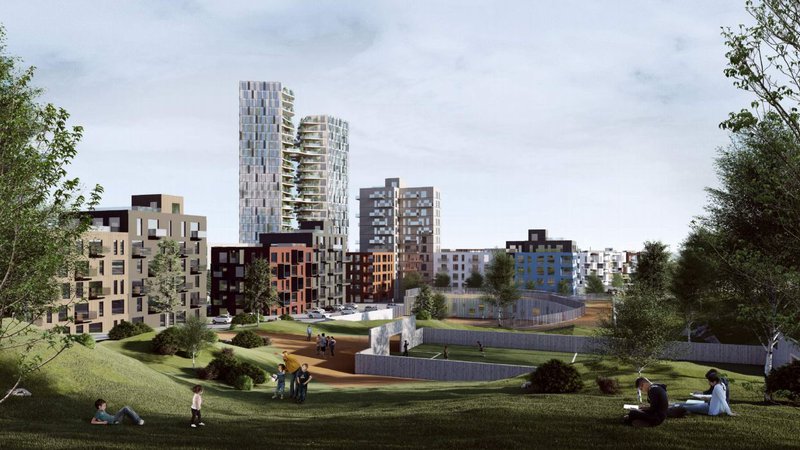 Gert er ráð fyrir grænu svæði í hverfinu og leikskóla í miðju þess. Mynd: Úr deiliskipulagskynningu Kópavogsbæjar.