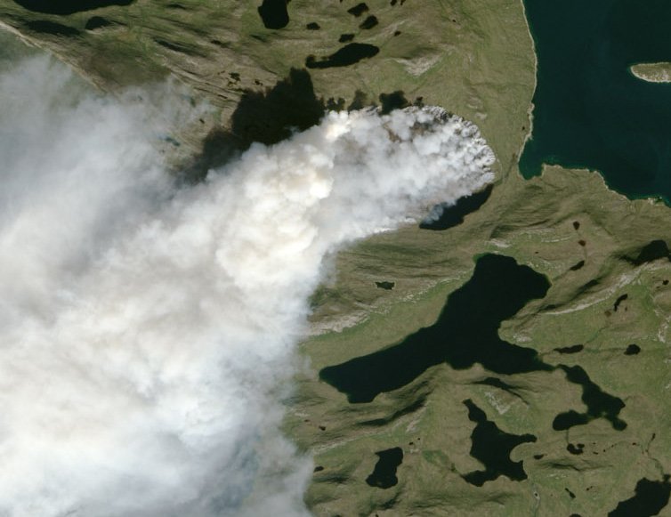 Eldarnir á vesturströnd Grænlands séðir úr gervihnetti NASA 3. ágúst 2017. Jafnvel þó lang stærsti hluti Grænlands sé hulinn jökli geta gróðureldar blossað upp á þurrum svæðum. Flóra Grænlands er ekki ósvipuð flóru Íslands.