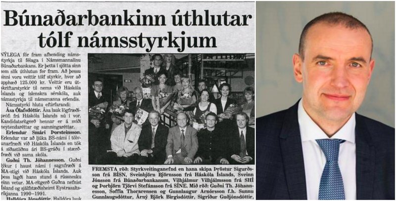 FYRIR 20 ÁRUM. Guðni tekur við námsstyrk í sagnfræðinámi sínu og Morgunblaðið greinir skilmerkilega frá. Á þessum tíma var hann líka að læra Rússnesku.