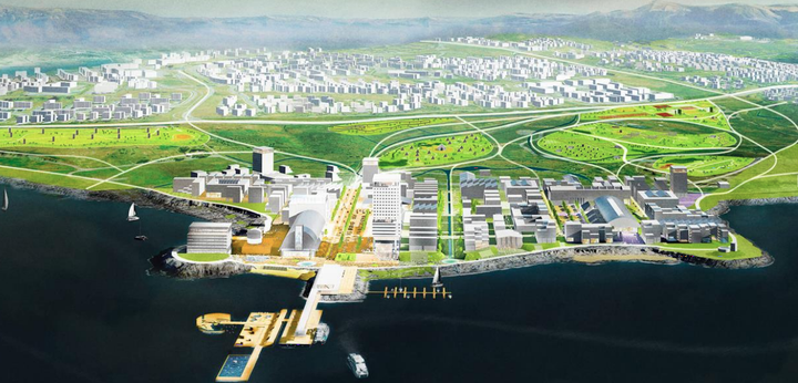 Teiknuð mynd af Gufunesi úr kynningu Reykjavíkurborgar á Græna planinu.