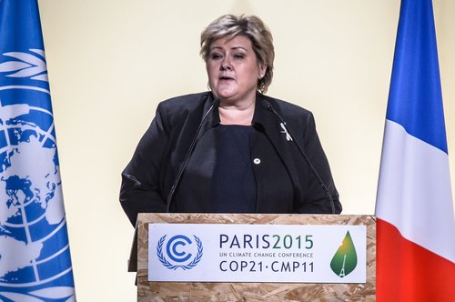 Erna Solberg, forsætisráðherra Noregs, á loftslagsráðstefnunni í París í desember í fyrra.