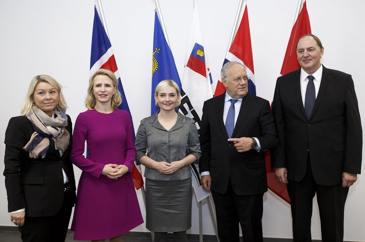 Lilja Alfreðsdóttir, fyrrverandi utanríkisráðherra, í hópi leiðtoga EFTA-ríkjanna.