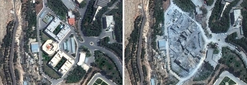 Gervihnattamynd, fyrir og eftir loftárásir í Damascus á Sýrlandi.