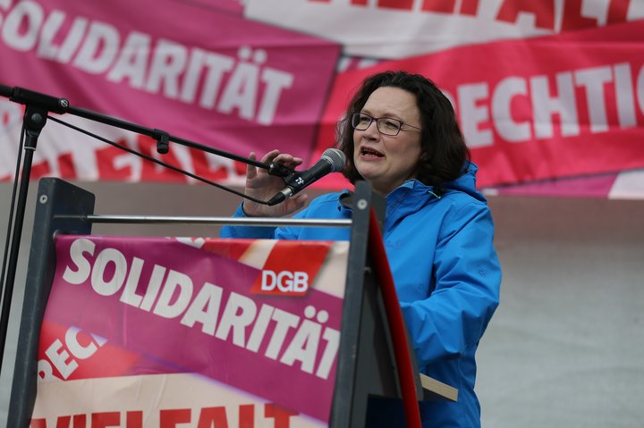 Andrea Nahles flytur ræðu 1. maí síðastliðinn.