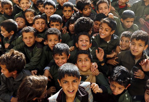 Skólabörn í Jemen í febrúar 2019. Mynd:EPA