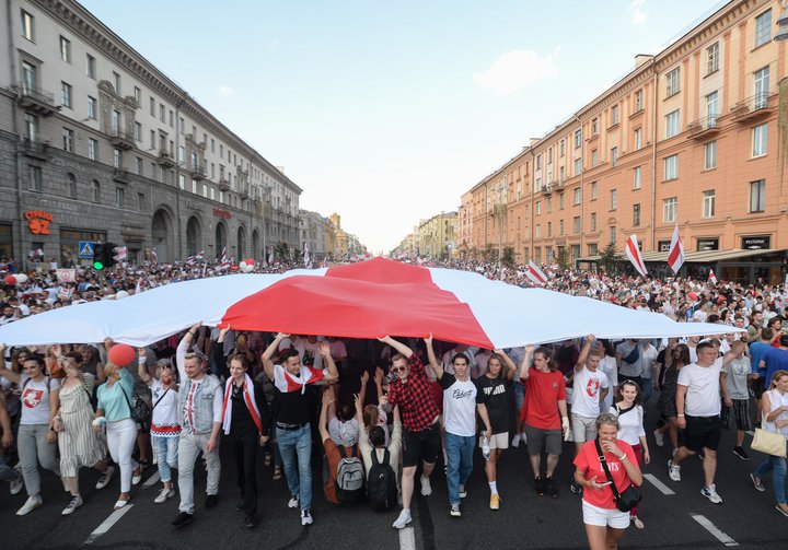 Frá mótmælagöngu í Minsk í Hvíta-Rússlandi í gær