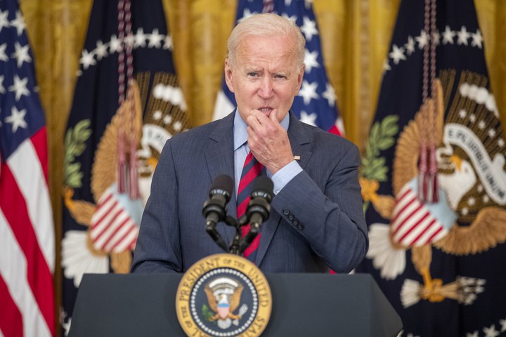 Joe Biden á blaðamannafundi í Hvíta húsinu í vikunni.