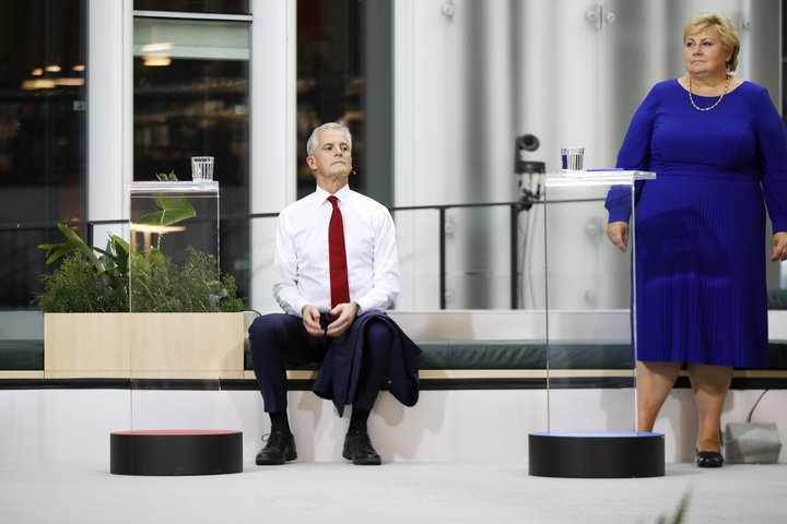 Jonas Gahr Støre og Erna Solberg í kappræðum á sjónvarpsstöðinni TV2 fyrr í vikunni.