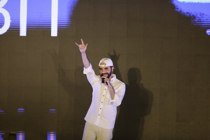 Forseti El Salvador, Nayib Bukele, við kynningu á fyrirhugaðri uppbyggingu Bitcoin-borgarinnar um helgina.