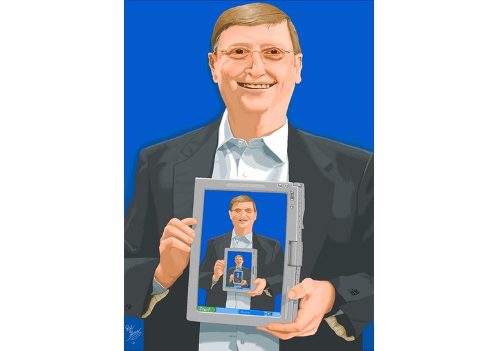 Bill Gates, stofnandi Microsoft og einn ríkasti maður heims, í teikningu Patrick Hines.