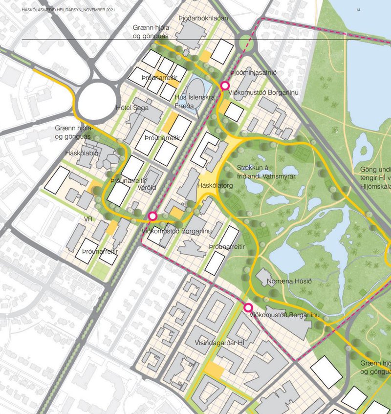 Háskólasvæðið breytir allverulega um svip samkvæmt þeirri sýn sem sett er fram í skýrslunni.