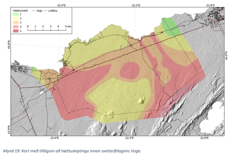 Vísindamennirnir skiptu landsvæði sveitarfélagsins Voga og jöðrum þess upp í fimm áhættuflokka. Mynd: Jarðvísindastofnun HÍ