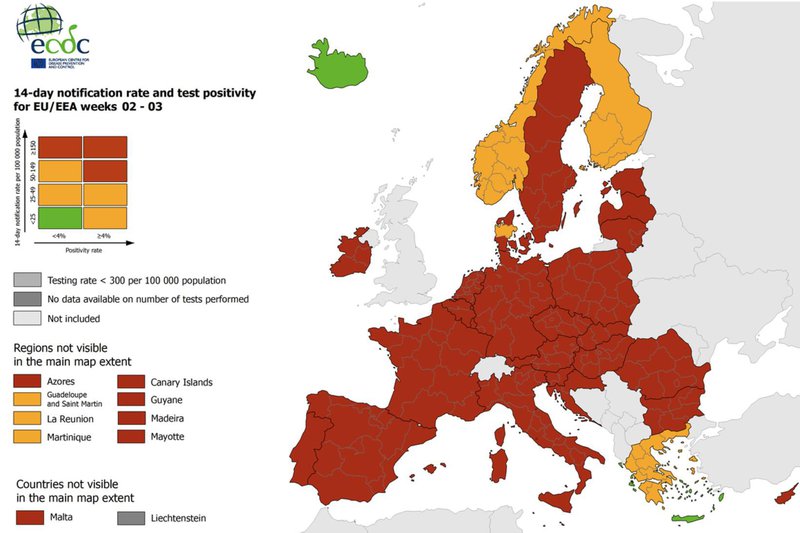 Þetta nýja kort frá sóttvarnastofnun Evrópu er lýsandi fyrir þá einstöku stöðu og öfundsverðu stöðu sem Ísland er í.