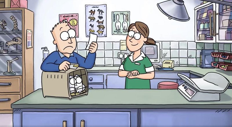 Skjáskot úr Simon´s Cat - Off to the Vet - kattaeigandi horfir á reikninginn fyrir dýralæknaþjónustu. Mynd: Skjáskot