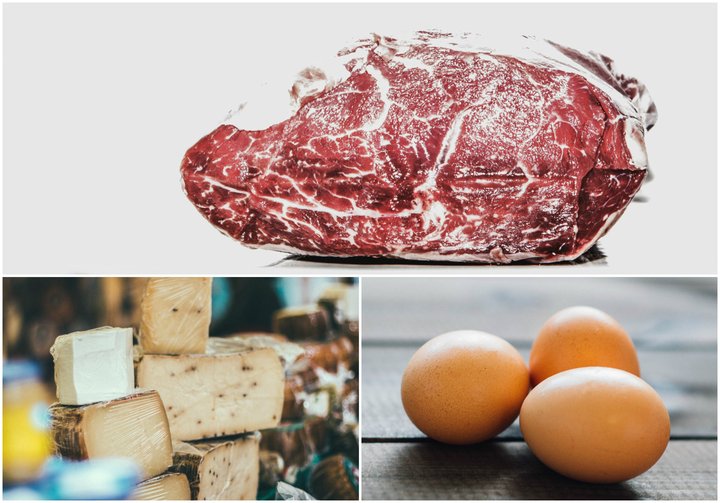 Kjöt, ostur og egg.