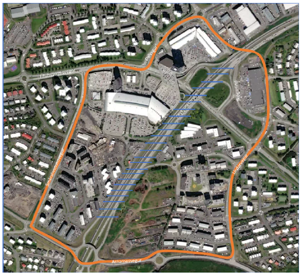 Heildarsvæðið sem hugmyndasamkeppnin nær til skiptist í raun niður í sex minni einingar eða eyjur þar sem tengingar á milli eru torfærar fyrir vistvæna ferðamáta. Mynd: Úr keppnislýsingu.