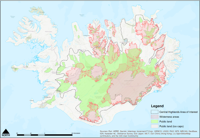 Kortið sýnir víðerni og þjóðlendur. Heimild: Wildland Research Institute og Óbyggðanefnd